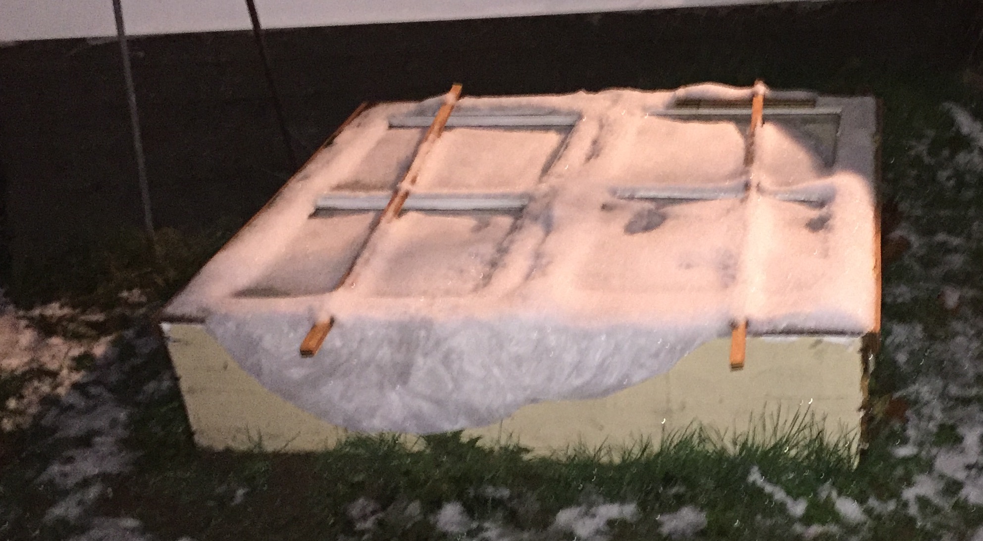 A cold frame next to a house for shelter from prevailing winds