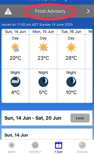 A frost advisory on June 14