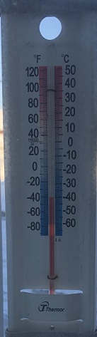 Thermometer showing negative 40 degrees on both the Fahrenheit and the Celsius scales